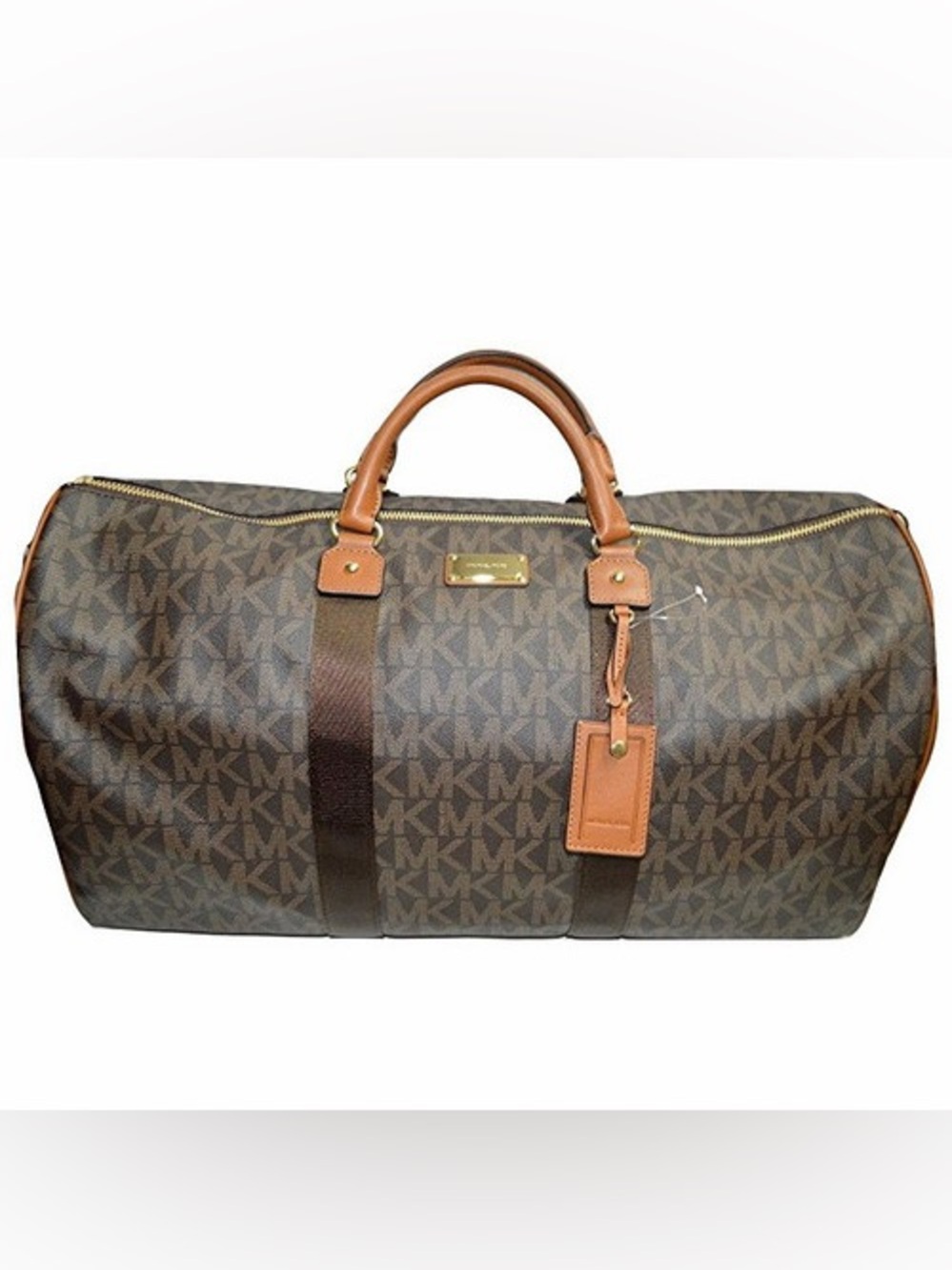 Michael Kors Brown MK Monogram Duffel with Tan Leather Trim Trave